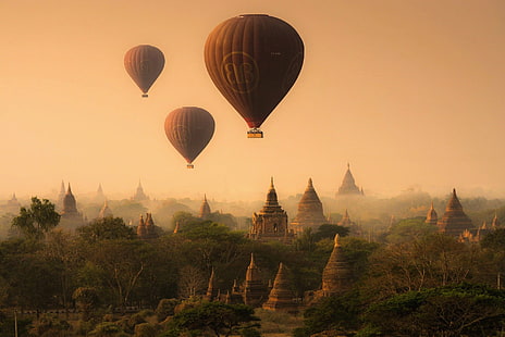 Изработен от човека, Баган, балон с горещ въздух, Мианмар, Панорама, HD тапет HD wallpaper