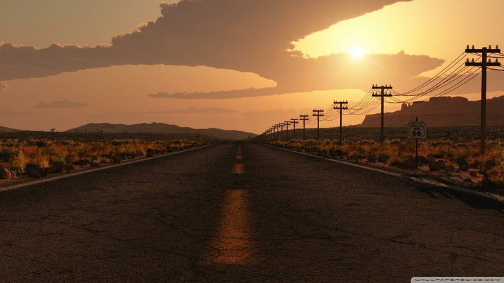 Route 66, mountains, electric poles, desert, route, clouds, nature and landscapes, HD wallpaper