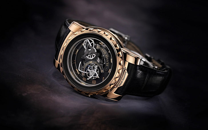 okrągły czarno-złoty zegarek mechaniczny ze skórzanym paskiem, zegary, zegarek, Ulysse Nardin, Tapety HD