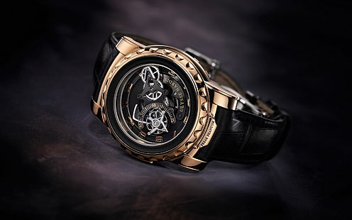round black and gold-colored mechanical watch with leather strap, clocks, watch, Ulysse Nardin, HD wallpaper HD wallpaper