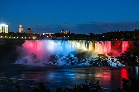 byggnader, stad, mörker, ljus, Niagara falls, natt, utomhus, stenar, vatten, vattenfall, HD tapet HD wallpaper