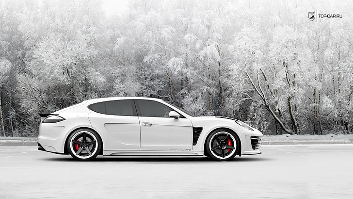 biały sedan, Porsche Panamera, śnieg, samochód, Porsche, białe samochody, Tapety HD