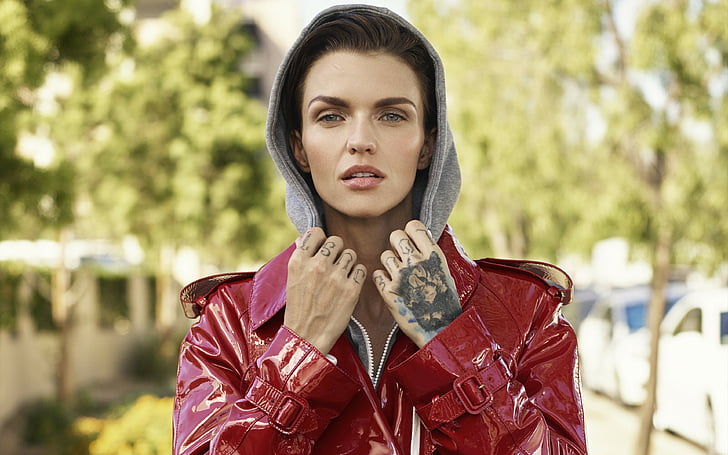 women's red patent leather zip-up jacket, Ruby Rose, photo, 5k, HD wallpaper