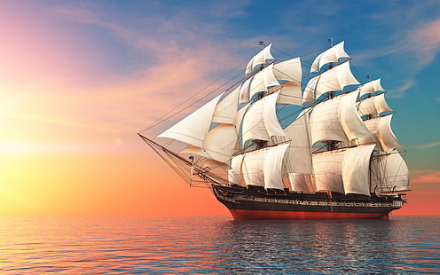 سفينة شراعية ، بحر ، غروب الشمس ، إعادة لمس، خلفية HD HD wallpaper