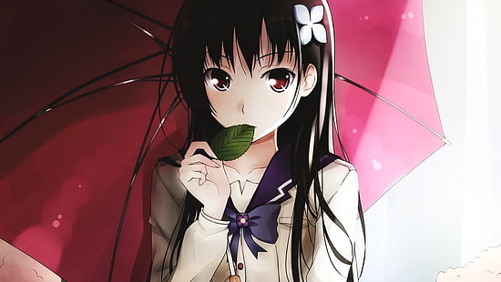 anime, anime dziewczyny, czarne włosy, parasol, ozdoba do włosów, liście, proste tło, Sankarea, Sanka Rea, Tapety HD HD wallpaper