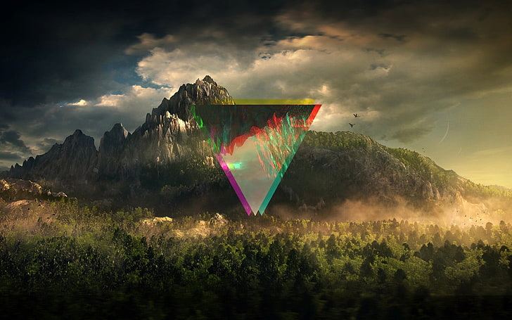 зелена планина цифрови тапети, гора, небе, дървета, линия, планини, абстракция, цвят, триъгълник, HD тапет