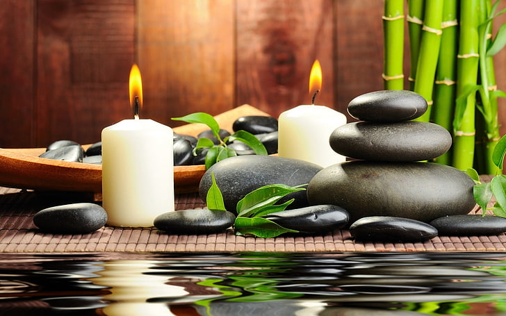 two white candles, stones, candles, aromatherapy, spa, water, bamboo, massage, HD wallpaper