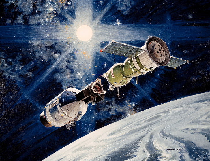 бяла и сребърна сателитна илюстрация, „ръкостискане в космоса“, експериментален полет, „Союз-19“, Союз - Аполон, Аполон-Союз, Аполон, HD тапет