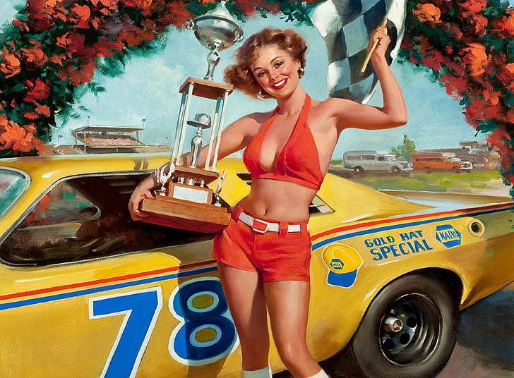 Pin-up Racer Girl, bassiere orange pour femme, Vintage, Girl, Racer, Fond d'écran HD