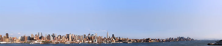 cityscape, New York City, triple screen, wide angle, cityscape, Manhattan, harbor, skyscraper, HD wallpaper