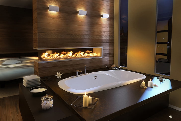 white ceramic bathtub, interior, bathroom, bedroom, bath, candles, fire, HD wallpaper