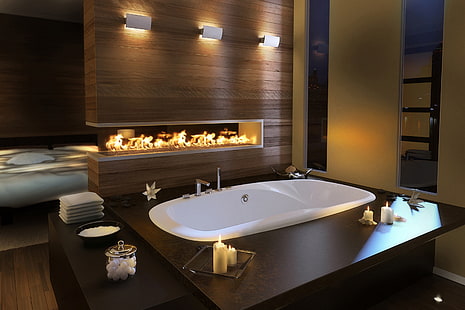 baignoire en céramique blanche, intérieur, salle de bains, chambre à coucher, salle de bain, bougies, feu, Fond d'écran HD HD wallpaper