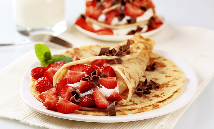 sliced strawberries, berries, food, chocolate, fruit, pancakes, cream, sweet, dessert, mint, strawberries, desserts, HD wallpaper