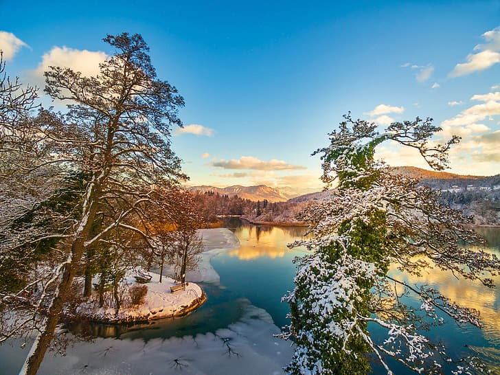 winter, trees, lake, Austria, panorama, pine, Wörthersee, Carinthia, Klagenfurt, Lake Wörth, HD wallpaper