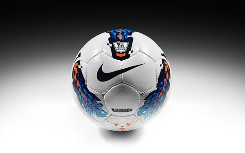 white and blue Nike soccerball, football, nike, ball, barclays premier league, sport, premier league, HD wallpaper HD wallpaper