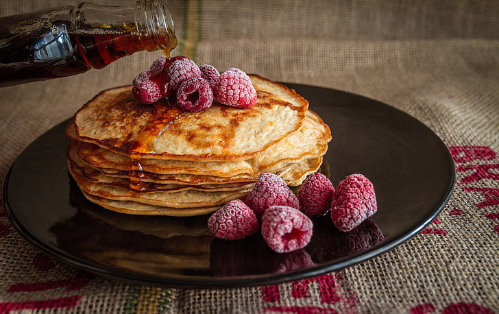 baked pancakes, pancakes, raspberries, syrup, breakfast, HD wallpaper