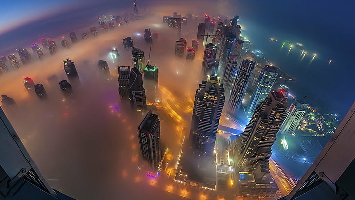 aerial view dubai night smog mist cityscape skyscraper cranes machine sandstorms city, HD wallpaper