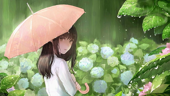 цветя, зелено, аниме момиче, дъждовен ден, аниме изкуство, чадър, хортензия, хортензия макрофила, хортензии, дъждовно, дъжд, дъжд, каваи, манга, HD тапет HD wallpaper