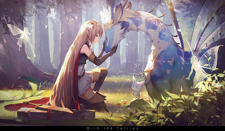 brown haired female anime character illustration, fairies, forest, anime girls, Arisa (Shadowverse), Shadowverse, elves, boots, shirt, skirt, long hair, blonde, hair ornament, petting, dragon, wings, gloves, sword, flowers, trees, ribbon, kneeling, closed eyes, green eyes, quiver, anime, fictional, kieed, HD wallpaper