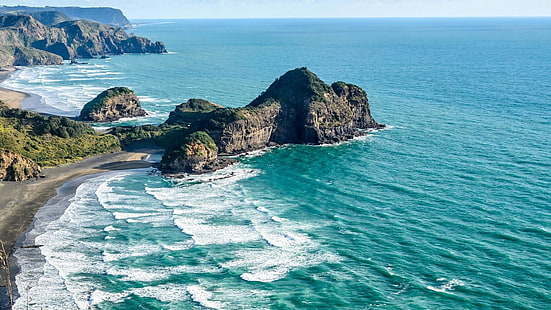 海岸、海、ニュージーランド、ベセルズビーチ、岬、崖、岬、島、岩、海、海岸、湾、青い海、オークランド、空、 HDデスクトップの壁紙 HD wallpaper