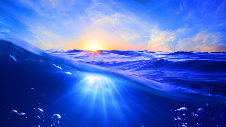 вълна, 5k uhd, 5k, изгрев, разсъмване, добро утро, сутрин, слънце, мехурчета, синьо, синьо море, синьо небе, синя вода, вода, слънчева светлина, океан, море, HD тапет