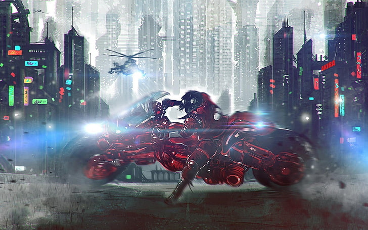 red motorcycle, man riding red motorcycle wallpaper, Akira, motorcycle, cityscape, HD wallpaper