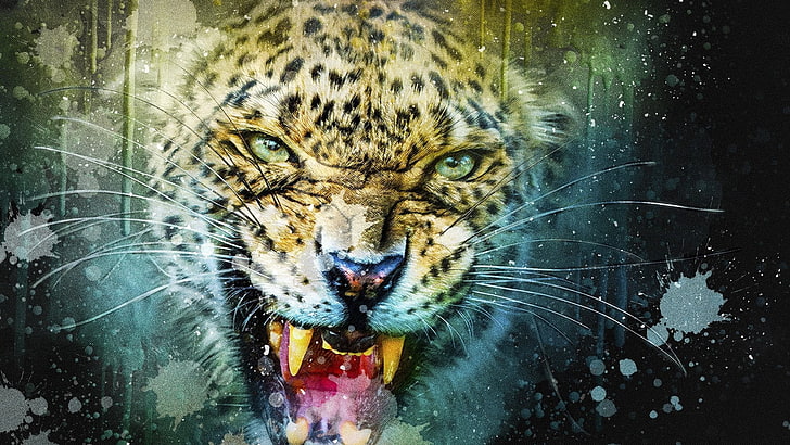 illustration, leopard, digital art, angry, jaguar, big cat, roar, HD wallpaper