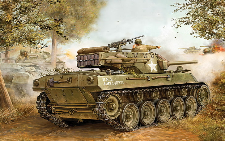 green and beige battle tank, fighter, art, tank, gun, USA, summer, game, the, installation, self-propelled, artillery, SAU, Hellcat, Flames of War, WW2., tanks, M18, reduced, armour, The Hellcat are wasted, 76 mm, protection, mobility, high, world war II, miniatures, HD wallpaper