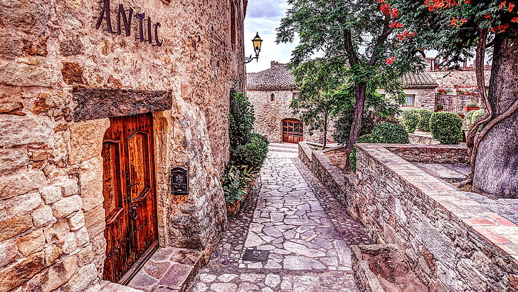wall, hacienda, window, house, facade, tree, history, neighbourhood, street, catalonia, alley, medieval town, old town, architecture, town, europe, spain, pals, HD wallpaper