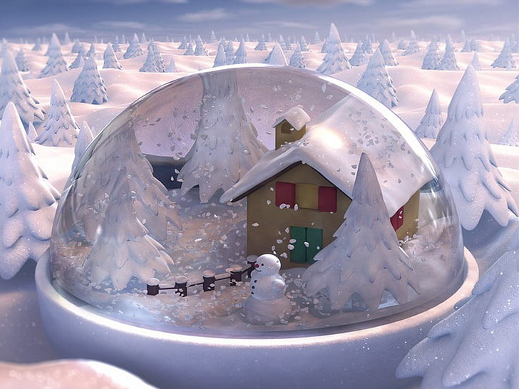köy kar küresi dijital boyama, yılbaşı, noel, hediye, cam, kardan adam, kar, ev, ağaçlar, HD masaüstü duvar kağıdı