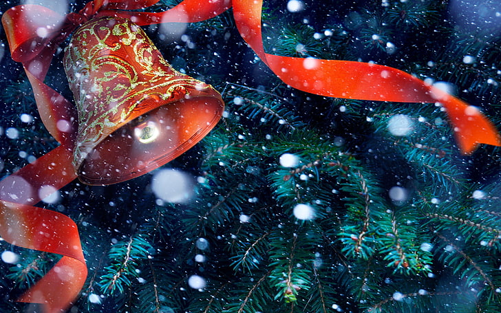 Коледа, Нова година, камбана, панделка, коледно дърво, сняг, HD тапет