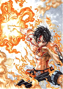 Illustrazione di Portgas D. Ace, anime, One Piece, Portgas D. Ace, ragazzi anime, Sfondo HD HD wallpaper