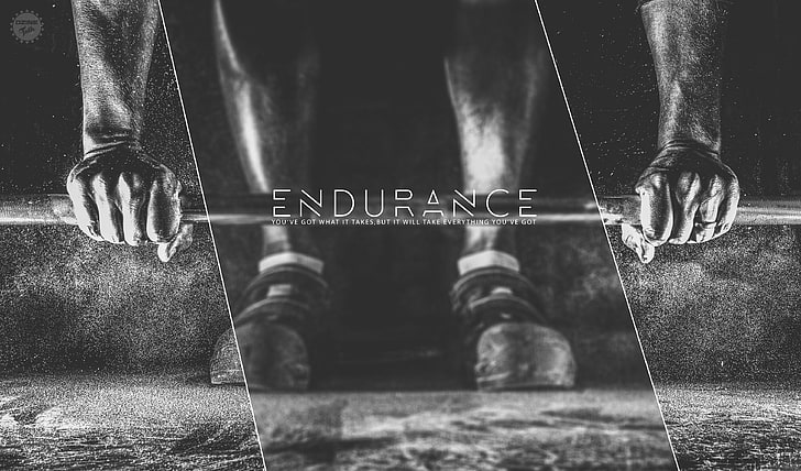 Endurance logo, quote, dzine, black, white, lens, blurred, monochrome, weightlifting, HD wallpaper