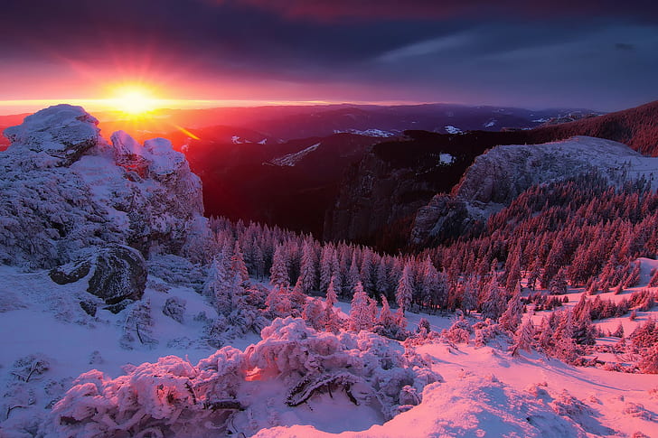 Alpes, montagnes, hiver, coucher de soleil, Fond d'écran HD