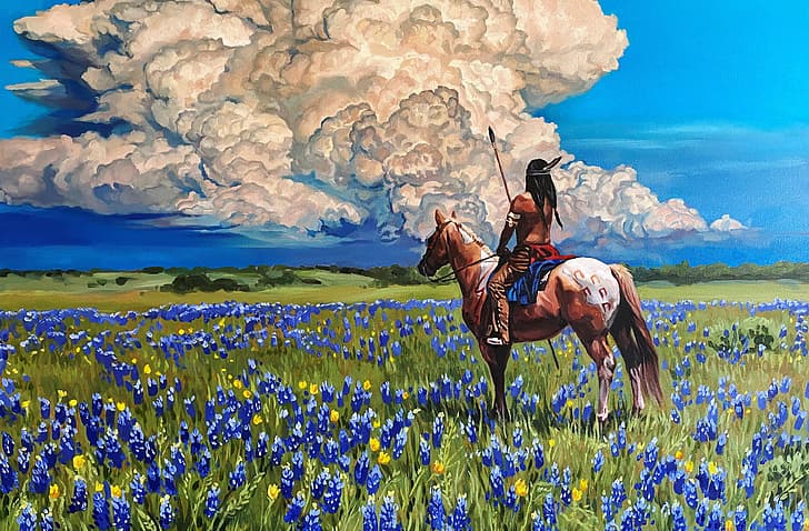 oil painting, landscape, clouds, horse, flowers, HD wallpaper