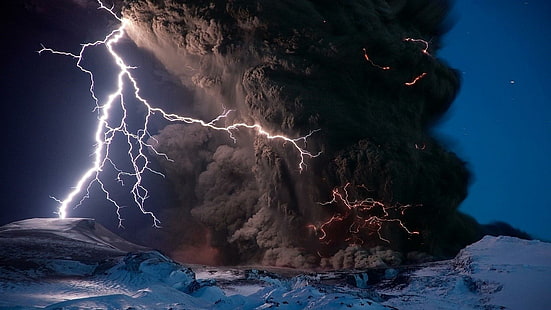 thunder, storm, thunderstorm, lightning, snow, mountain, mountains, nature, HD wallpaper HD wallpaper