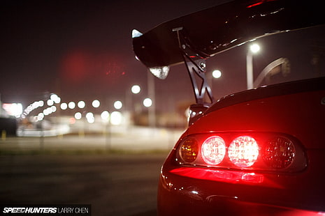 czerwona Toyota Supra MKIV, tylne światło pojazdu, Speedhunters, światła, Toyota Supra, tuning, noc, tylne światła, Tapety HD HD wallpaper