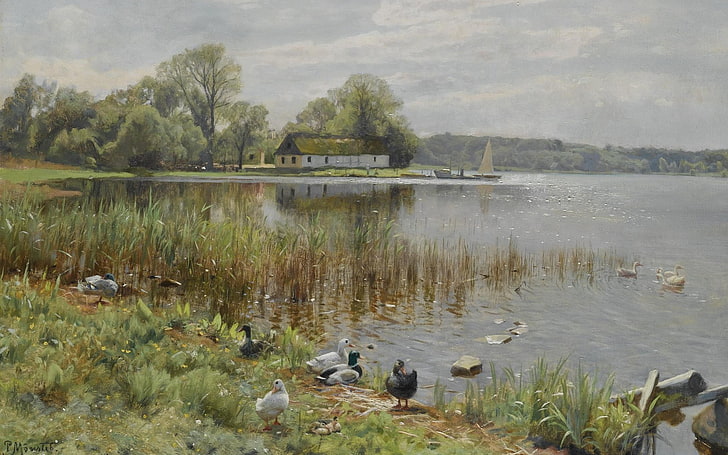 1937, pintor danés, Peter Merk de Menstad, Peder Mørk Mønsted, pintor realista danés, patos en el estanque, Fondo de pantalla HD