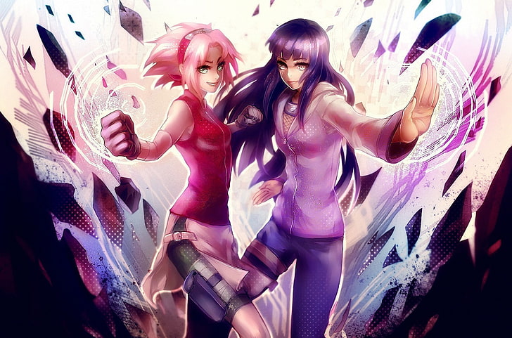 two female anime character vector art, Hyuuga Hinata, anime, Haruno Sakura, Naruto Shippuuden, Kunoichi, anime girls, HD wallpaper