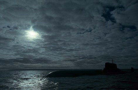 Sub, vit molnbildning, natt rovdjur, marin, ubåt, månsken, båtar, HD tapet HD wallpaper