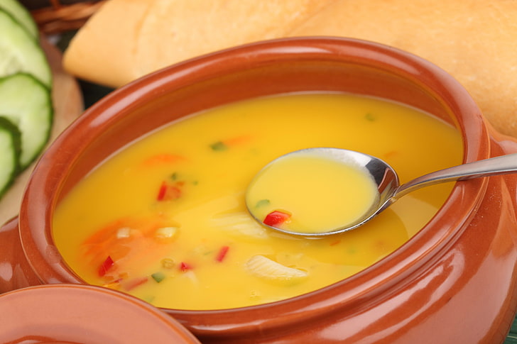 brown ceramic soup bowl, soup, spoon, dish, HD wallpaper
