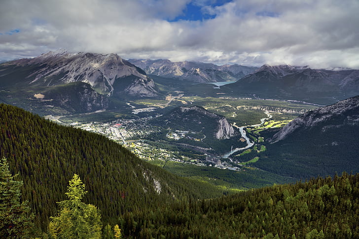 gray mountain covered with trees, banff national park, banff national park, Amazing, View, Bow Valley, Banff National Park, gray mountain, Nikon D800E, NE, Day, Trip, Alberta, British Columbia, Capture, NX2, Edited, Color, Pro, Tunnel Mountain, Mount Rundle, Cascade Mountain, Bow River, Rocky Mountains, Canadian Rockies, Central Front, Front Ranges, Vermilion Range, Banff, Stoney Squaw Mountain, Slate, Sawback Range, Southern, Continental Ranges, South, Rundle Peaks, Sulphur Mountain, Mount Girouard, East, Ranges, Fairholme Range, Range  Lake, Lake Minnewanka, Blue Skies, Clouds, Trees, Evergreen, Nature, Landscape, Rolling, Mountains, Distance, Hillside, Evergreens, Sanson, Peak, City Streets, Canvas, Portfolio, Canada, mountain, scenics, outdoors, summer, HD wallpaper