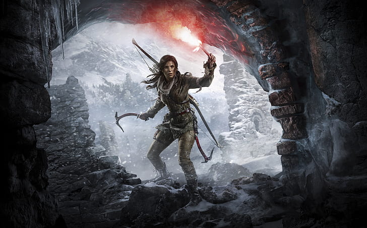 Rise of the Tomb Raider Lara Croft at a Cave ..., Games, Tomb Raider, Journey, Cold, Artwork, Game, Cave, Action, Adventure, Survivor, Legend, 2015, TombRaider, LaraCroft, ThirdPerson, Riseofthe Tomb Raider, gra wideo, conceptart, topór wspinaczkowy, Tapety HD