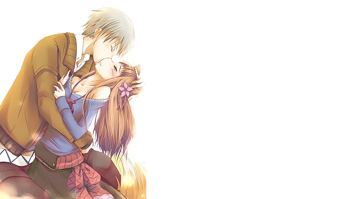 man and woman kissing illustration, Spice and Wolf, Holo, kissing, Lawrence Kraft, Okamimimi, anime boys, anime girls, HD wallpaper