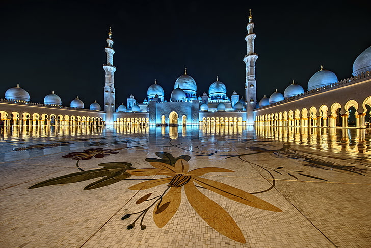 Nacht, Lichter, Architektur, die Kuppel, die Vereinigten Arabischen Emirate, Abu Dhabi, das Minarett, die Sheikh Zayed Grand Moschee, HD-Hintergrundbild