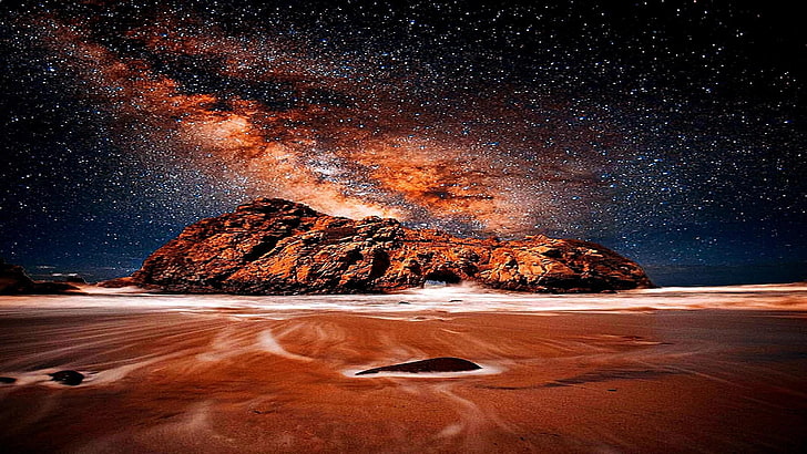 ทะเลทราย, กลางคืน, หิน, ดวงดาว, ท้องฟ้ายามค่ำคืน, ทางช้างเผือก, คืนเต็มไปด้วยดวงดาว, วอลล์เปเปอร์ HD