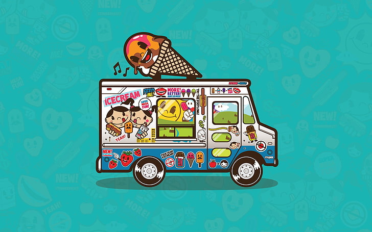 여러 가지 빛깔의 아이스크림 트럭 그림, 아이스크림, 트럭, 삽화, 자레드 니커 슨, 간단한 배경, HD 배경 화면