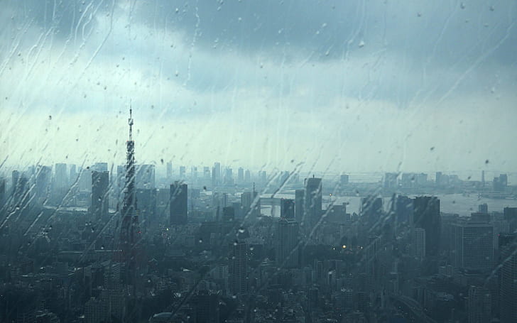 Vue sur la ville pluvieuse, pluie, eau, Fond d'écran HD