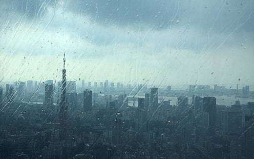Дъждовна гледка към града, дъжд, вода, HD тапет HD wallpaper