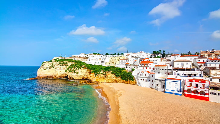 夏、休日、旅行、町、カルボエイロ、ヨーロッパ、ポルトガル、海岸、海岸、 HDデスクトップの壁紙